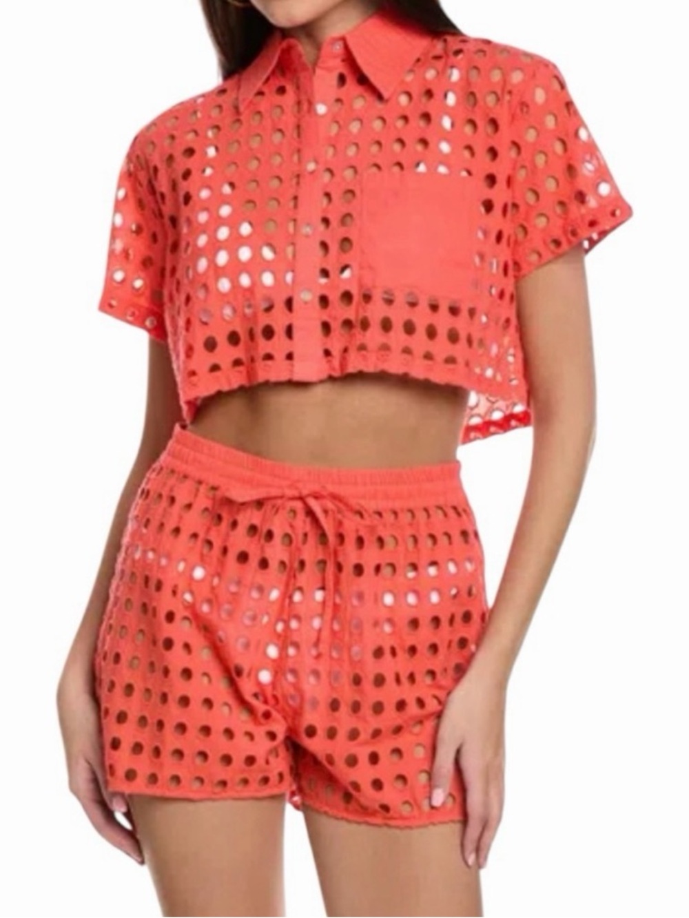 Coral Eyelet Two-Piece Crop Top and Shorts Set